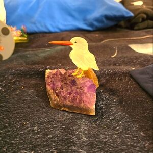 Gemstone Hummingnird Sculpture Natural Quartz Crystal On Natural Amethyst Base